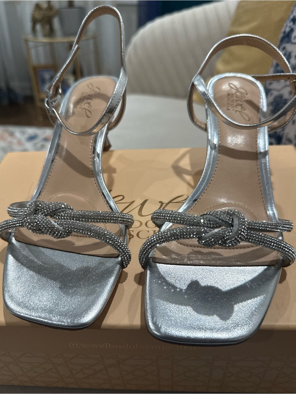 Jewel Badgley Mischka Silver Crystal-Knot Slingback Sandals